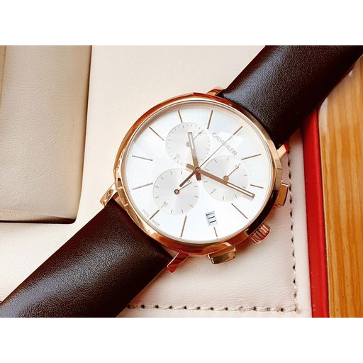 Calvin Klein Posh Chronograph White Dial Brown Leather Strap Watch for Men - K8Q376G6 Buy Now By Calvin Klein