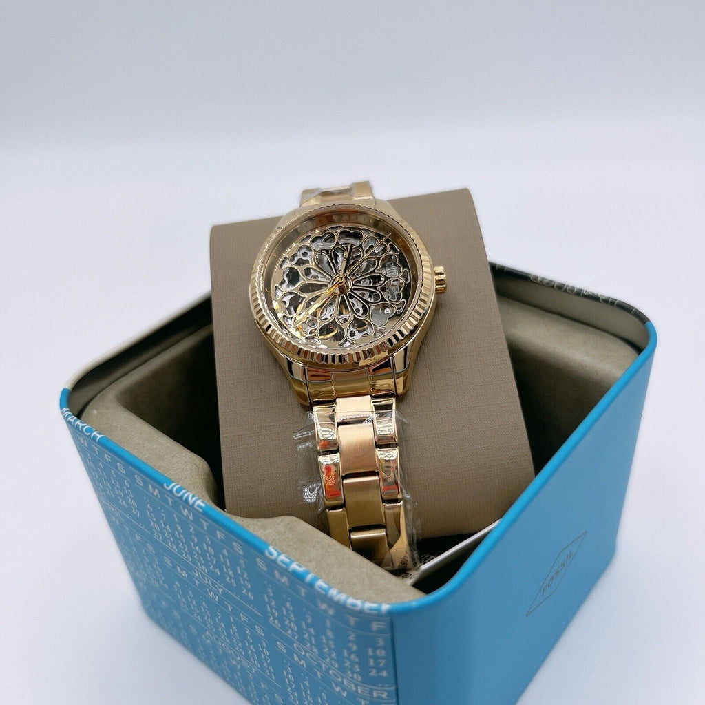 Fossil Rye Automatic Skeleton Gold Dial Gold Steel Strap Watch for Women - BQ3755 Buy Now By Fossil