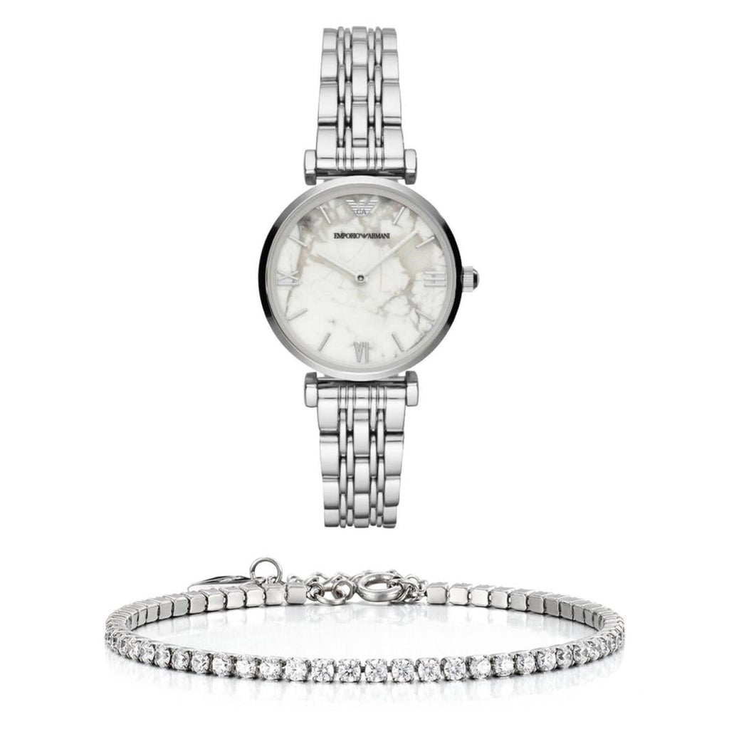 Emporio Armani Gianni T Bar White Marble Dial Silver Steel Strap Watch For Women - AR11170 Buy Now By Emporio Armani