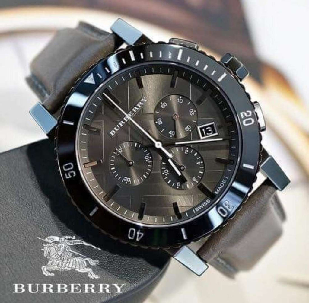 Burberry The City Chronograph Ion Plated Grey Dial Grey Leather Strap Watch for Men - BU9384 Buy Now By Burberry