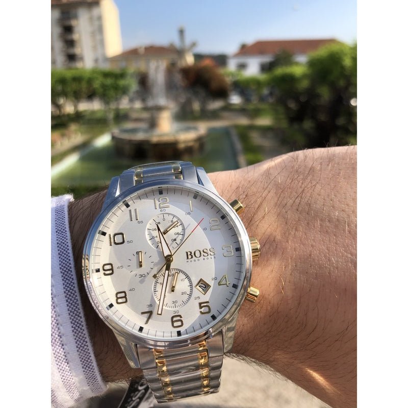 Hugo Boss Areoliner Chronograph White Dial Two Tone Steel Strap Watch for Men - 1513236 Buy Now By Hugo Boss