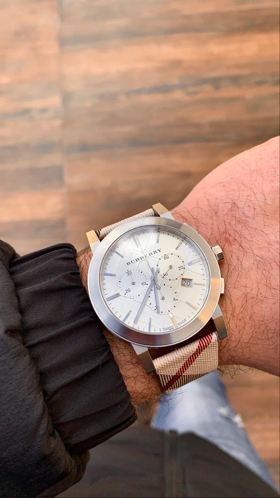 Burberry The City Chronograph White Dial Haymarket Leather Strap Watch For Men - BU9360 Buy Now By Burberry