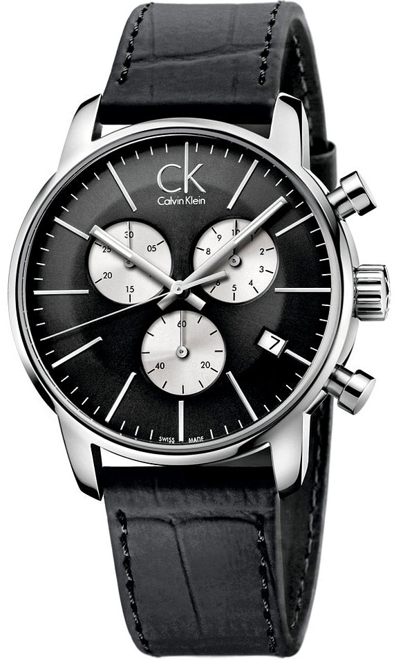 Calvin Klein City Chronograph Black Dial Black Leather Strap Watch for Men - K2G271CX Buy Now By Calvin Klein