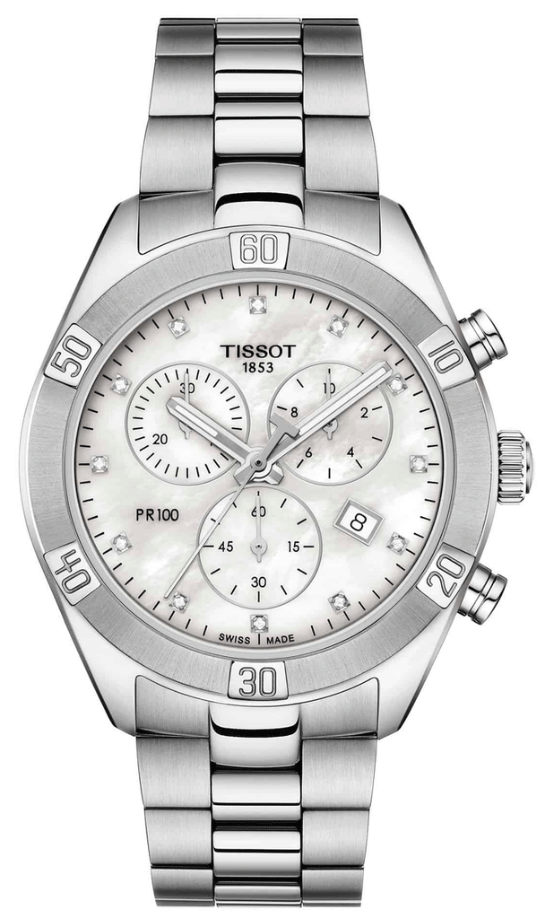 Tissot PR 100 Sport Chic Chronograph Diamonds Mother of Pearl Dial Silver Steel Strap Watch for Women - T101.917.11.116.00 Buy Now By Tissot