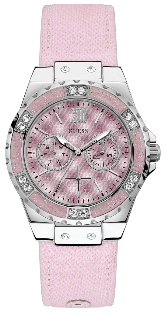 Guess Limelight Quartz Diamonds Pink Dial Pink Denim Strap Watch For Women - W0775l15 Buy Now By Guess