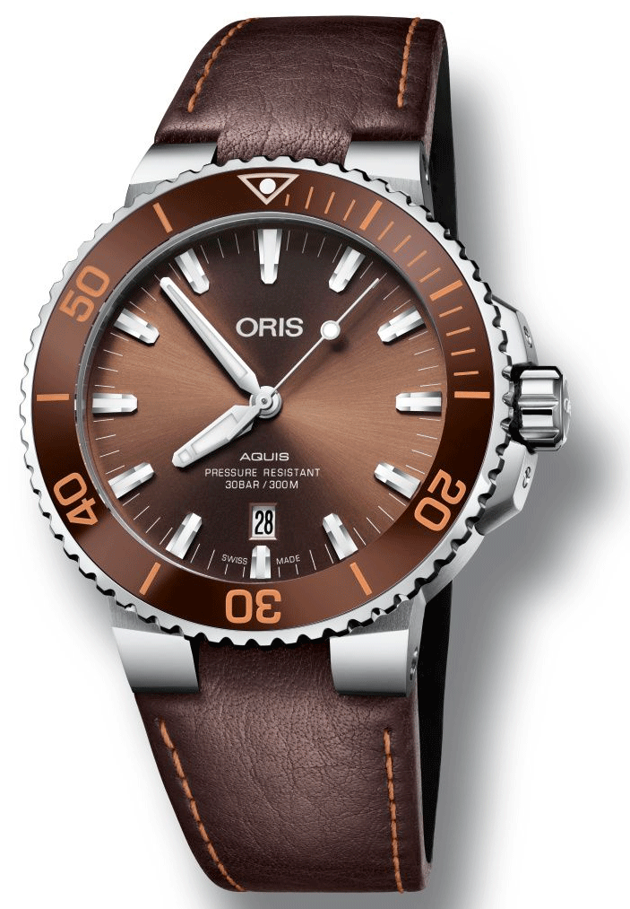 Oris Aquis Date Brown Dial Brown Leather Strap Watch for Men - 0173377304152-0752412EB Buy Now By Oris