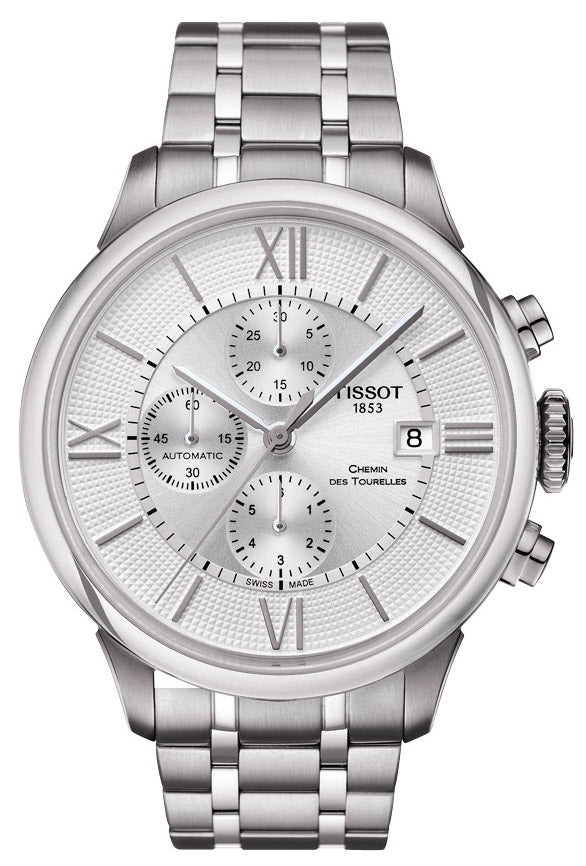 Tissot Chemin des Tourelles Automatic Chronograph White Dial Silver Steel Strap Watch for Men - T099.427.11.038.00 Buy Now By Tissot