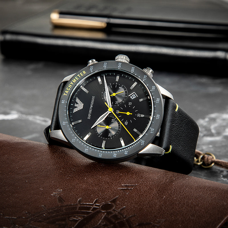 Emporio Armani Mario Chronograph Black Dial Black Leather Strap Watch For Men - AR11325 Buy Now By Emporio Armani