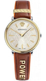 Versace V-Circle Quartz Mother of Pearl Dial Brown Leather Strap Watch for Women -Ā VBP03017