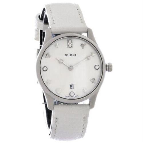 Gucci G-Timeless Mother of Pearl White Dial White Leather Strap Watch For Women - YA126597 Buy Now By Gucci