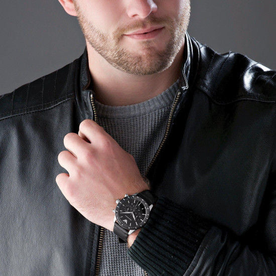 Emporio Armani Mario Chronograph Black Dial Black Leather Strap Watch For Men - AR11243 Buy Now By Emporio Armani