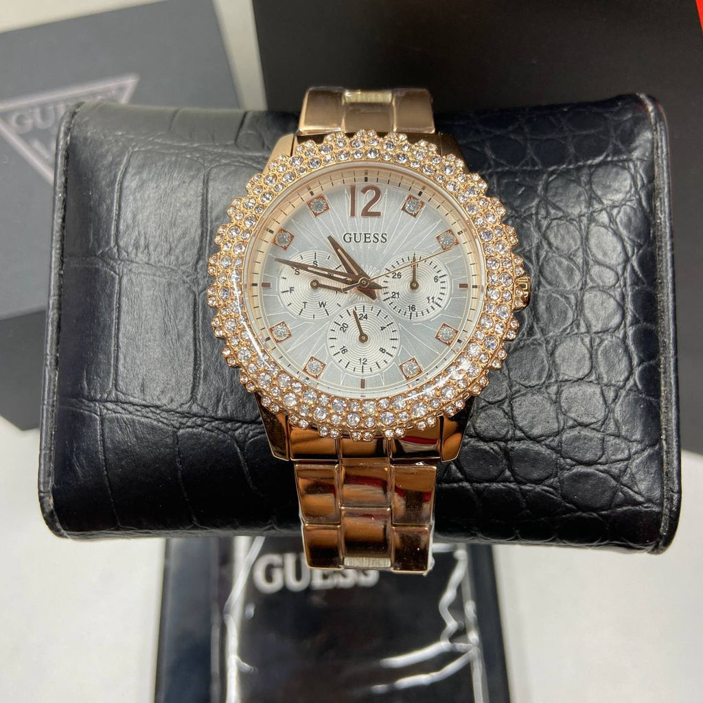 Guess Dazzler Diamonds Silver Dial Rose Gold Steel Strap Watch for Women - W0335L3 Buy Now By Guess