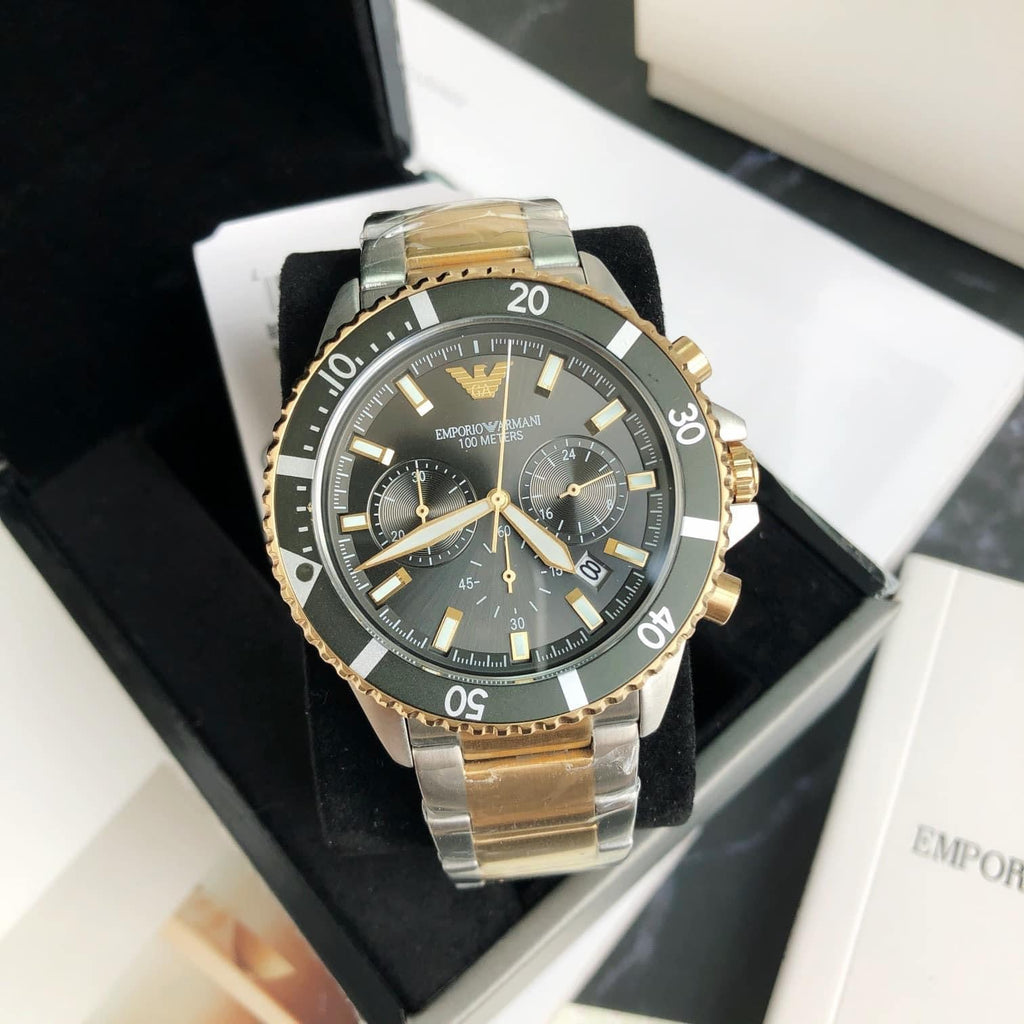 Emporio Armani Diver Chronograph Green Dial Two Tone Steel Strap Watch For Men - AR11361 Buy Now By Emporio Armani