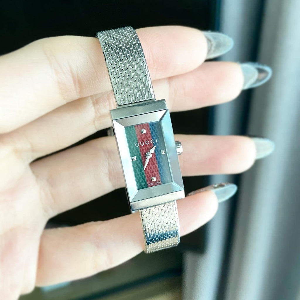 Gucci G Frame Quartz Diamonds Green & Red Mother of Pearl Dial Silver Mesh Bracelet Watch For Women - YA147510 Buy Now By Gucci