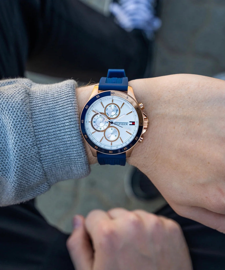 Tommy Hilfiger Bank Multifunction Quartz White Dial Blue Rubber Strap Watch for Men - 1791778 Buy Now By Tommy Hilfiger