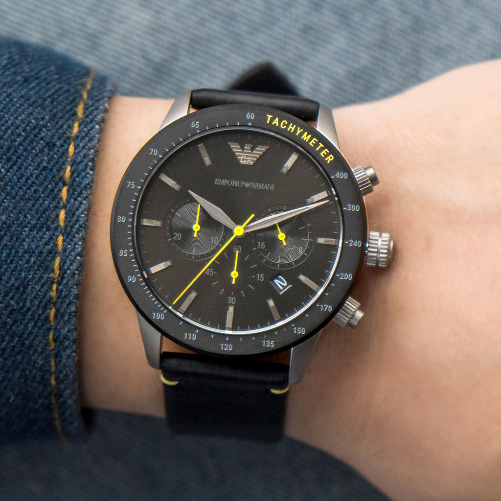 Emporio Armani Mario Chronograph Black Dial Black Leather Strap Watch For Men - AR11325 Buy Now By Emporio Armani
