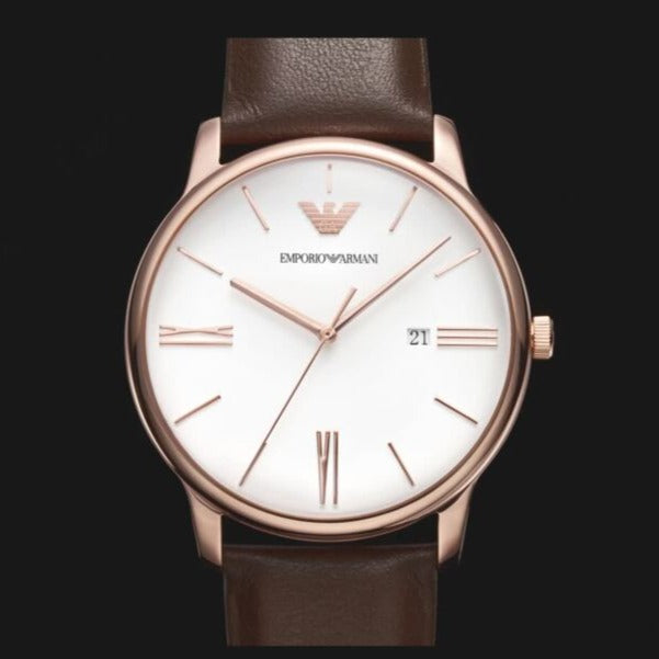 Emporio Armani Minimalist Quartz White Dial Brown Leather Strap Watch For Men - AR11572 Buy Now By Emporio Armani