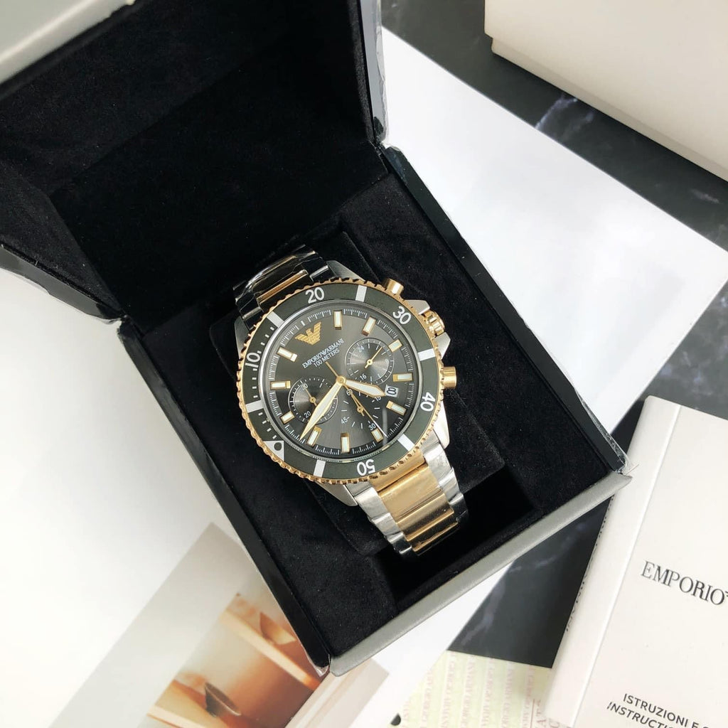 Emporio Armani Diver Chronograph Green Dial Two Tone Steel Strap Watch For Men - AR11361 Buy Now By Emporio Armani