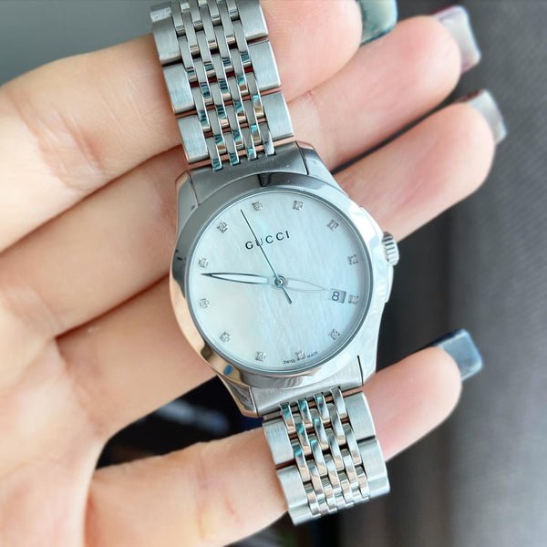 Gucci G Timeless Diamonds Mother of Pearl Dial Silver Steel Strap Watch For Women - YA126504 Buy Now By Gucci