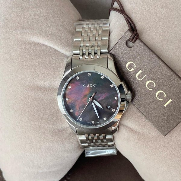 Gucci G Timeless Diamonds Mother of Pearl Black Dial Silver Steel Strap Watch For Women - YA126505 Buy Now By Gucci