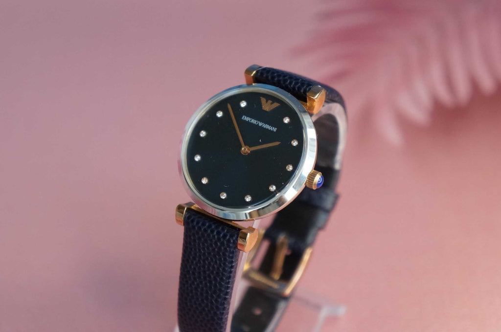 Emporio Armani Gianni T Bar Analog Blue Dial Black Leather Strap Watch For Women - AR1989 Buy Now By Emporio Armani