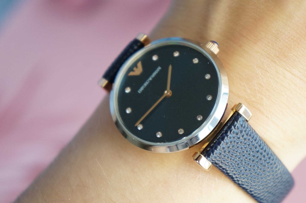 Emporio Armani Gianni T Bar Analog Blue Dial Black Leather Strap Watch For Women - AR1989 Buy Now By Emporio Armani