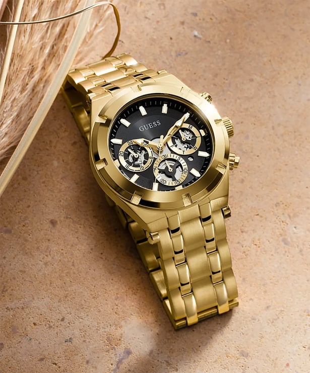 Guess Continental Black Dial Gold Steel Strap Watch for Men - GW0260G2 Buy Now By Guess