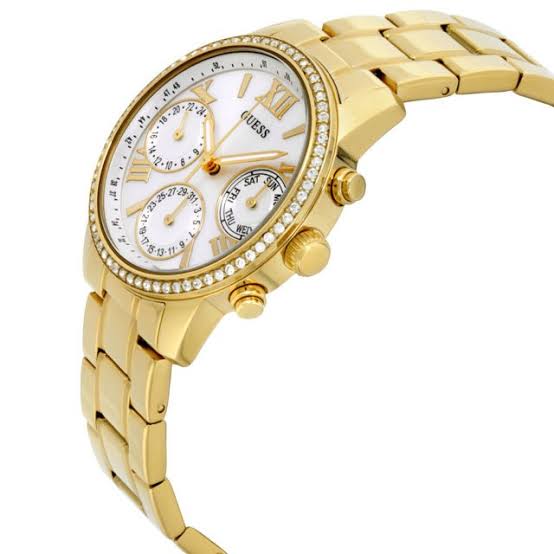 Guess Mini Sunrise Diamonds Silver Dial Gold Steel Strap Watch for Women - W0623L3 Buy Now By Guess