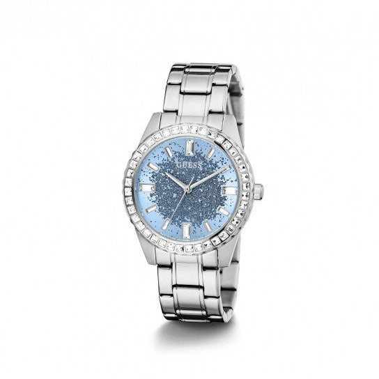 Guess Glitter Burst Diamonds Blue Dial Silver Steel Strap Watch for Women - GW0405L1 Buy Now By Guess
