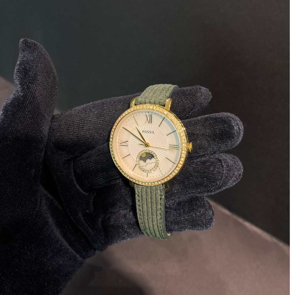 Fossil Jacqueline Multifunction Moonphase Mother of Pearl White Dial Green Leather Strap Watch for Women - ES5244 Buy Now By Fossil