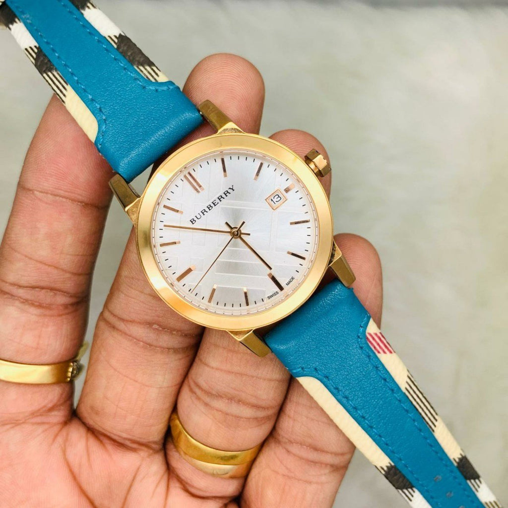 Burberry Heritage Gold Dial Blue Leather Strap Watch for Women - BU9112 Buy Now By Burberry