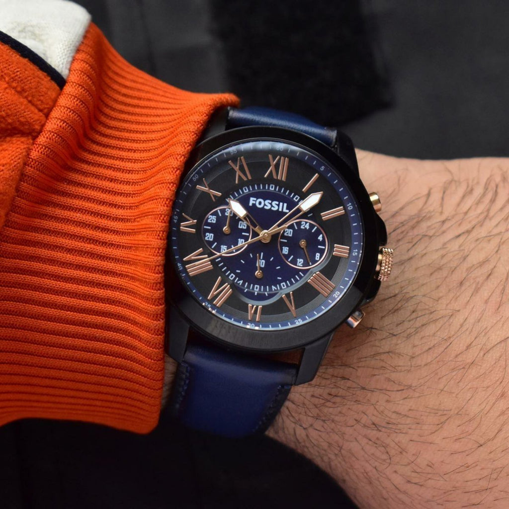 Fossil Grant Chronograph Black Dial Blue Leather Strap Watch for Men - FS5061 Buy Now By Fossil