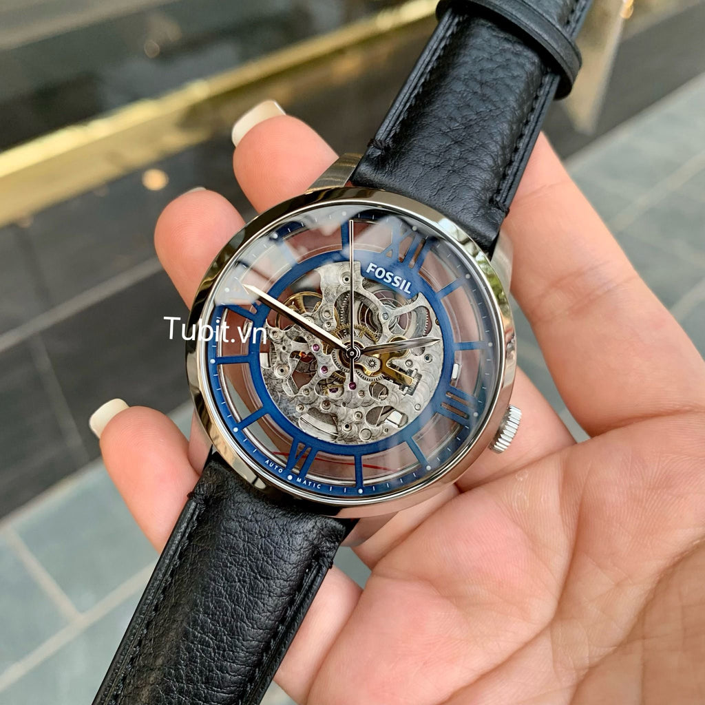 Fossil Townsman Automatic Skeleton Blue Dial Black Leather Strap Watch for Men - ME3200 Buy Now By Fossil