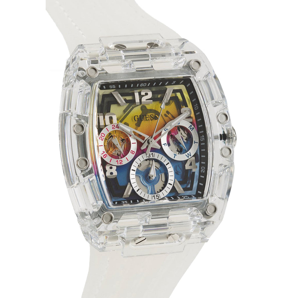 Guess Phoenix Polycarbonate Clear Multi-function Black Dial Clear Rubber Strap Watch for Men - GW0499G3 Buy Now By Guess