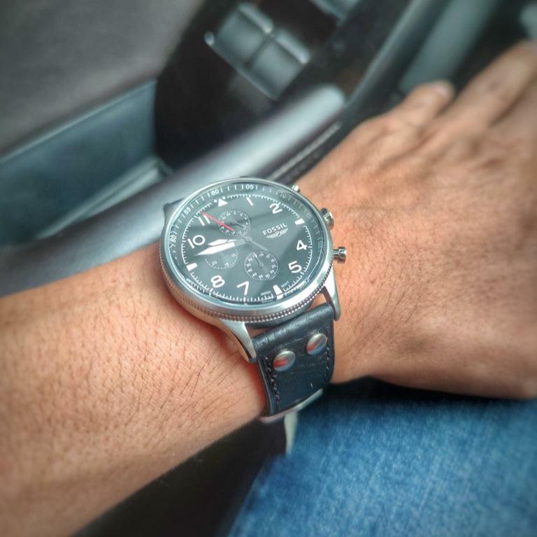 Fossil Retro Pilot Chronograph Black Dial Black Leather Strap Watch for Men - FS5806 Buy Now By Fossil