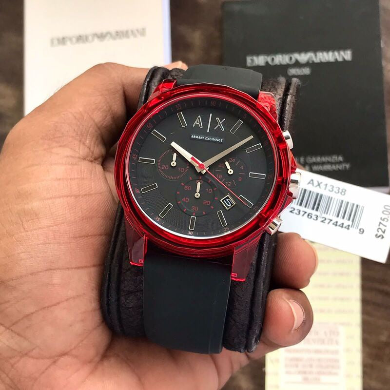 Armani Exchange Outerbanks Chronograph Black Dial Black Silicone Strap Watch For Men - AX1338 Buy Now By Armani Exchange