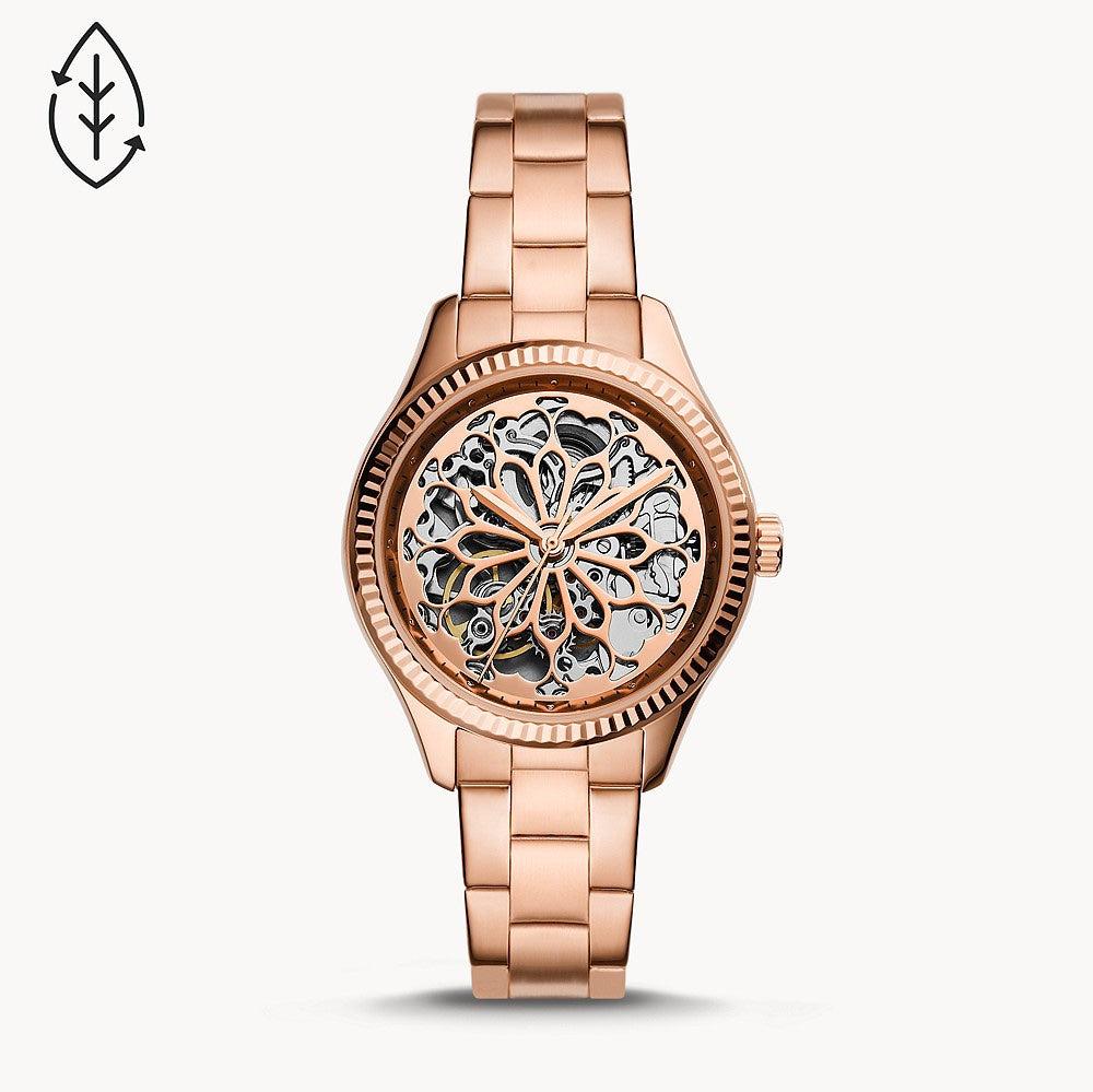 Fossil Rye Automatic Skeleton Rose Gold Dial Rose Gold Steel Strap Watch for Women - BQ3754 Buy Now By Fossil