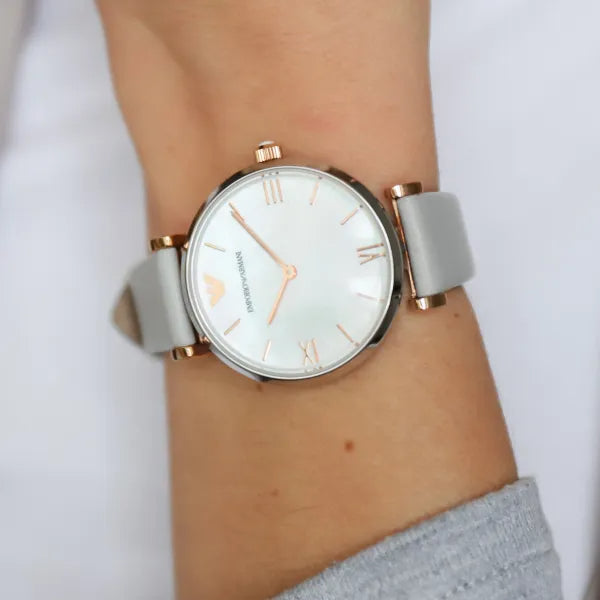 Emporio Armani Gianni T Bar Quartz Mother of Pearl Dial White Leather Strap Watch For Women - AR1965 Buy Now By Emporio Armani
