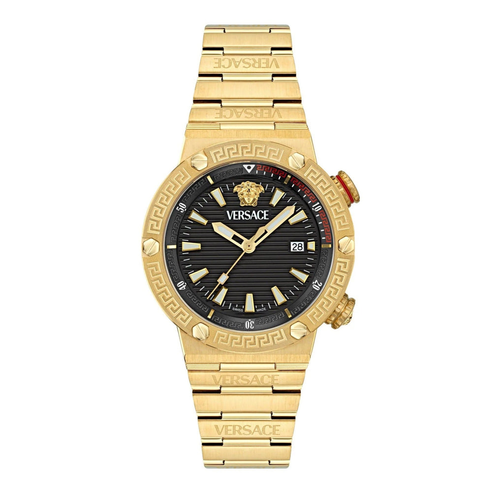 Versace Greca Logo Quartz Black Dial Gold Steel Strap Watch for Men - VE8G00624 Buy Now By Versace