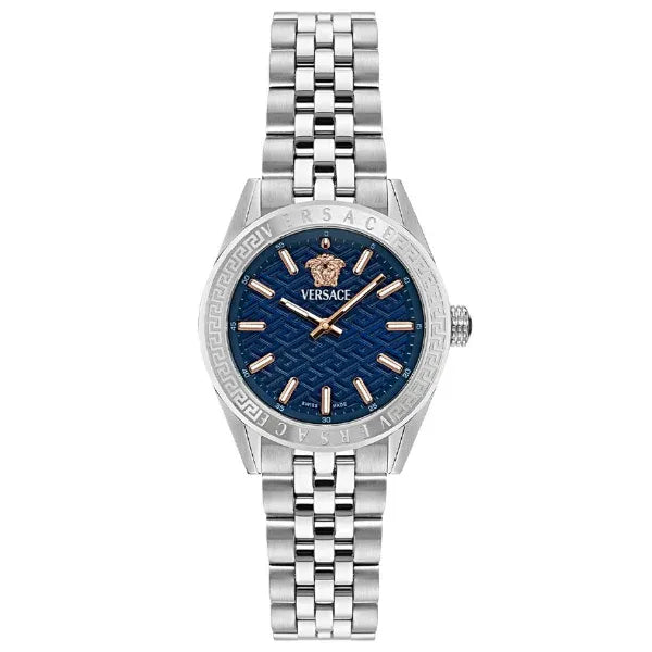 Versace V-Code Analog Blue Dial Silver Steel Strap Watch for Women - VE8I00324 Buy Now By Versace