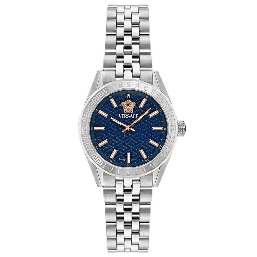 Versace V-Code Analog Blue Dial Silver Steel Strap Watch for Women - VE8I00324 Buy Now By Versace