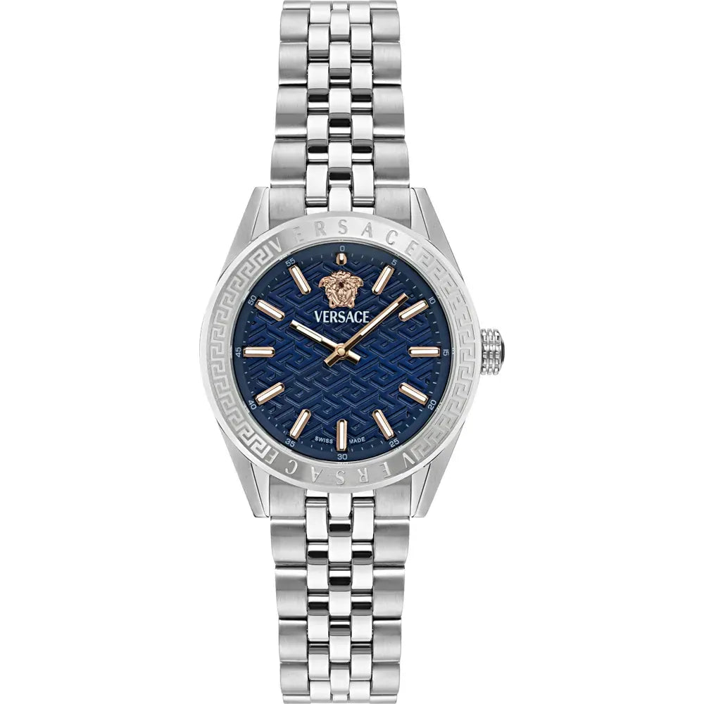 Versace V-Code Analog Blue Dial Silver Steel Strap Watch for Women - VE8I00324 Buy Now By Versace