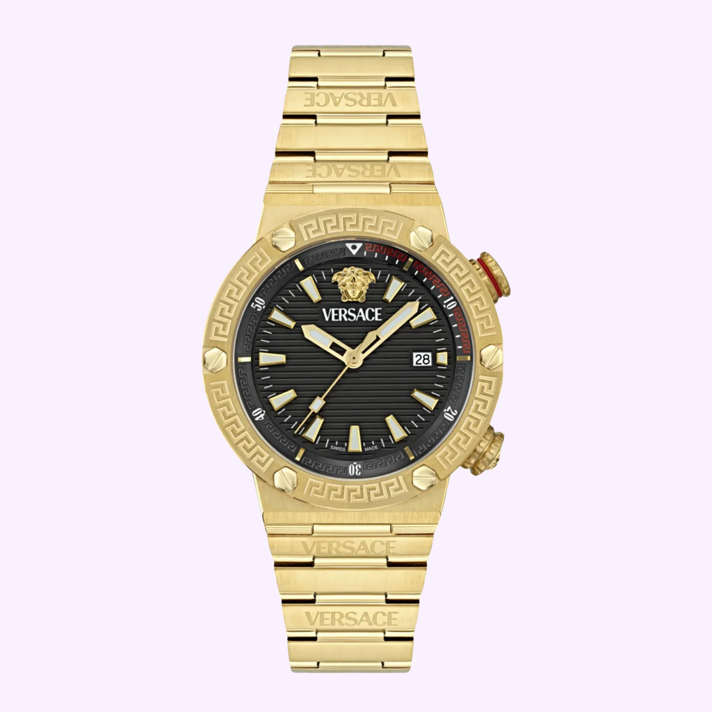 Versace Greca Logo Quartz Black Dial Gold Steel Strap Watch for Men - VE8G00624 Buy Now By Versace