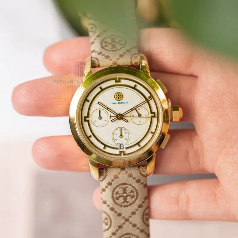 Tory Burch The Tory Chronograph White Dial Maroon Jacquard Strap Watch for Women - TBW1050 Buy Now By Tory Burch