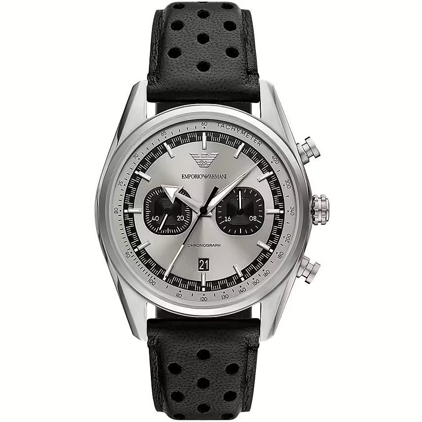 Emporio Armani Racer Chronograph Silver Dial Black Leather Strap Watch for Men - AR11677 Buy Now By Emporio Armani