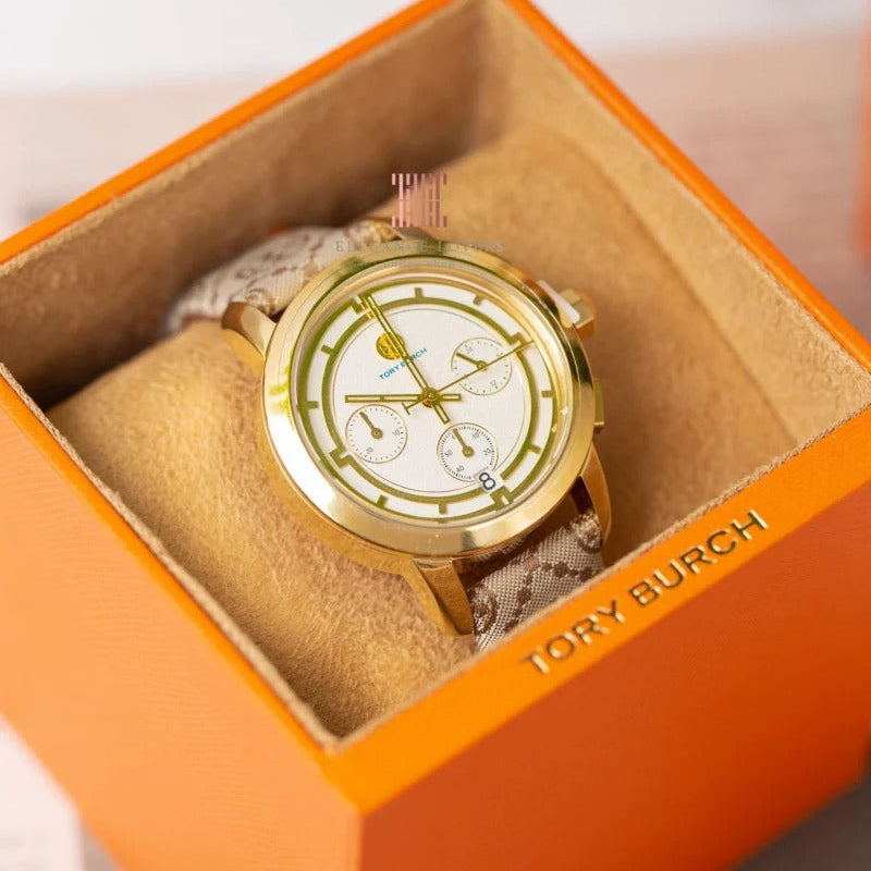 Tory Burch The Tory Chronograph White Dial Maroon Jacquard Strap Watch for Women - TBW1050 Buy Now By Tory Burch