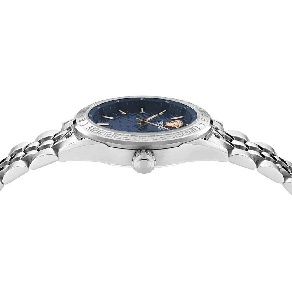 Versace V-Code Analog Blue Dial Silver Steel Strap Watch for Women - VE8I00324 Buy Now By Versace