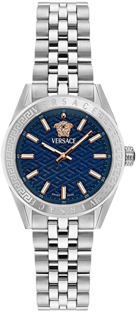 Versace V-Code Analog Blue Dial Silver Steel Strap Watch for Women - VE8I00324 Buy Now By Versace