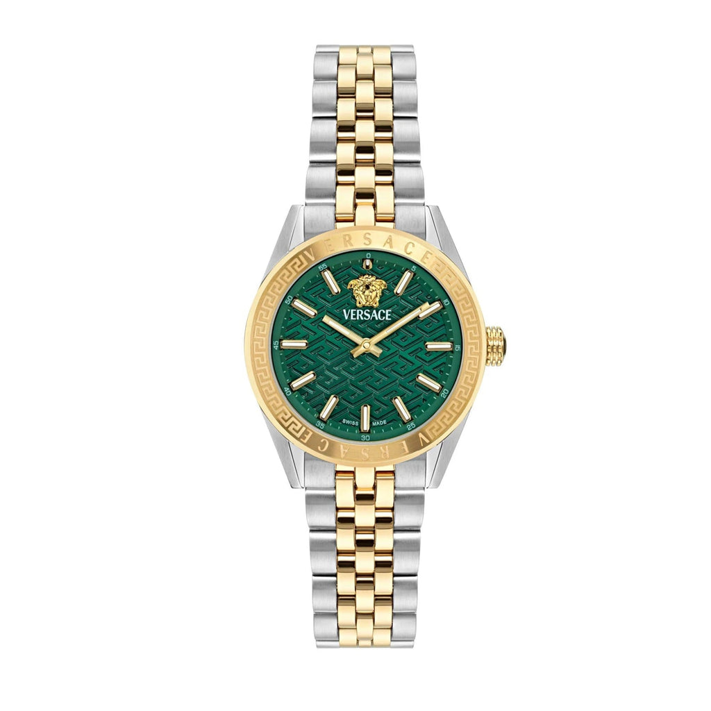 Versace V-Code Analog Green Dial Two Tone Steel Strap Watch for Women - VE8I00424 Buy Now By Versace