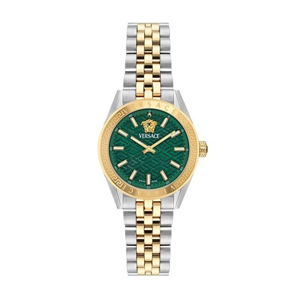 Versace V-Code Analog Green Dial Two Tone Steel Strap Watch for Women - VE8I00424 Buy Now By Versace